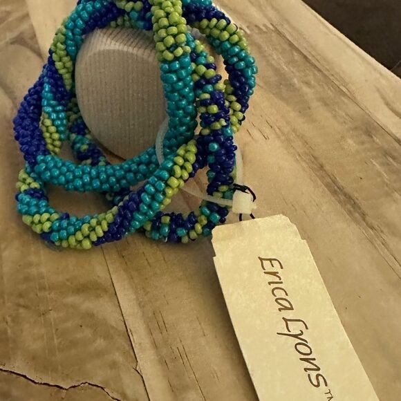 Blue/green/turquoise beaded set of intertwined bracelets - Picture 2 of 4